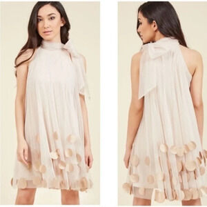 Ryu Modcloth Tan All Neutral High Neck Bow Tie 3D Polka Dot Shift Dress Size S